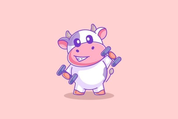 Cute Cow Lifting Dumbbell Cartoon: A Playful Design Asset